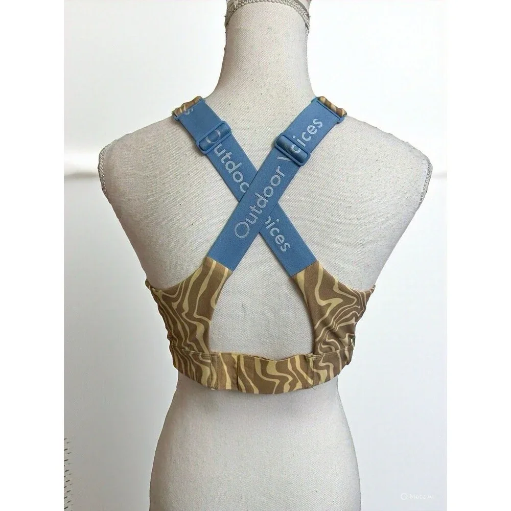 Outdoor Voices Women's L/XL D Cup Pampas Swirl Bra Beige Logo Straps